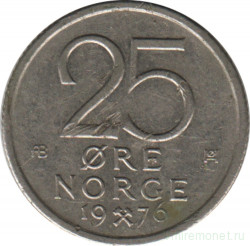 Монета. Норвегия. 25 эре 1976 год.