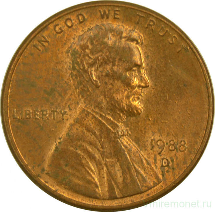 Монета. США. 1 цент 1988 год. Монетный двор D.