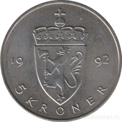 Монета. Норвегия. 5 крон 1992 год.