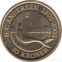 Монета. Дания. 10 крон 2005 год. Сказка - Русалочка.