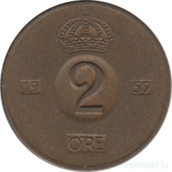 Монета. Швеция. 2 эре 1957 год.