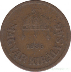 Монета. Венгрия. 2 филлера 1935 год.