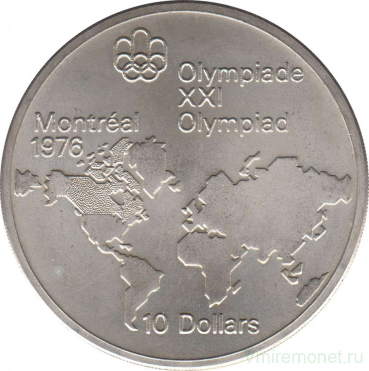 Монета. Канада. 10 долларов 1973 год. XXI летние Олимпийские Игры Монреаль 1976. Карта мира.