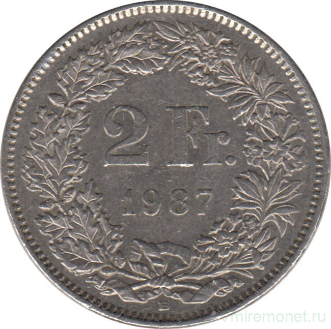 Монета. Швейцария. 2 франка 1987 год.