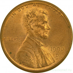Монета. США. 1 цент 1990 год. Монетный двор D.