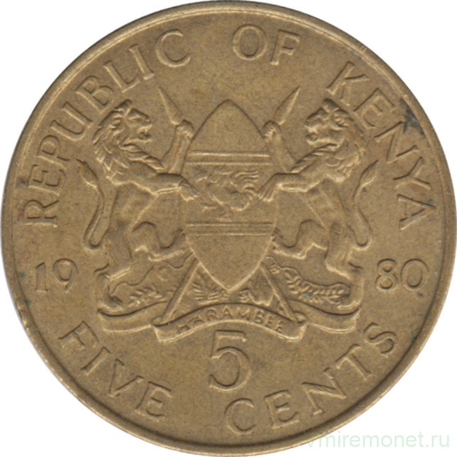 Монета. Кения. 5 центов 1980 год.