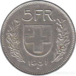 Монета. Швейцария. 5 франков 1951 год.