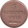 Монета. Сан-Марино. 5 чентезимо 1938 год. ав.