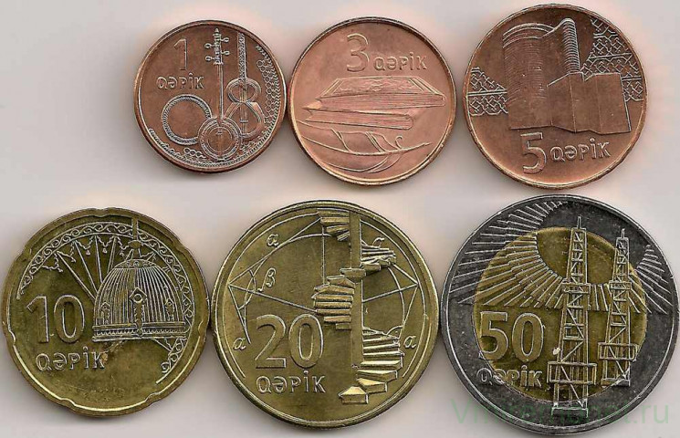 Монета. Азербайджан. 1, 3, 5,10, 20, 50 гяпиков 2006 год. Набор современных монет 6 штук.