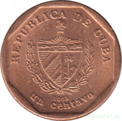 Монета. Куба. 1 сентаво 2002 год (конвертируемый песо). Сталь с медным покрытием.