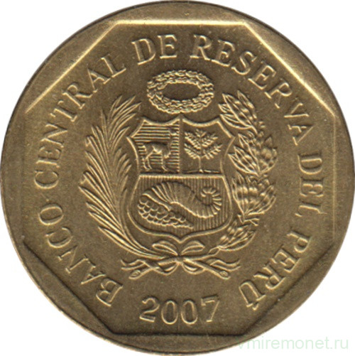 Монета. Перу. 5 сентимо 2007 год. Латунь.