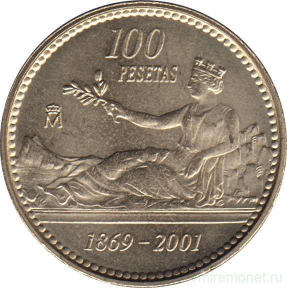 Монета. Испания. 100 песет 2001 год. 132 года песете.