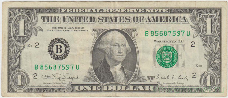 Банкнота. США. 1 доллар 1988 год. Серия B. Тип 480b.