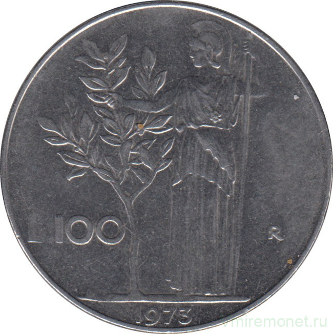Монета. Италия. 100 лир 1973 год.