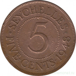 Монета. Сейшельские острова. 5 центов 1948 год.