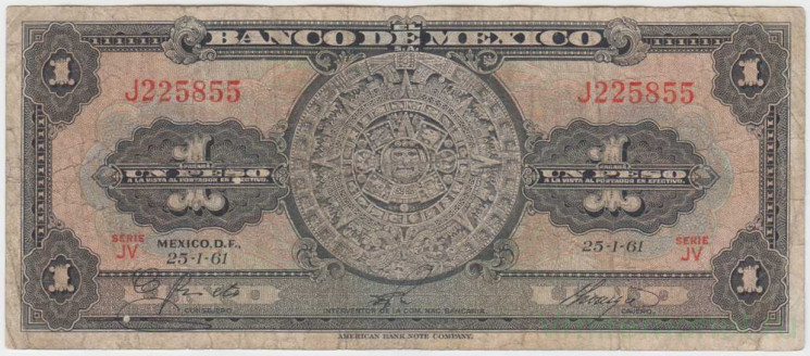 Банкнота. Мексика. 1 песо 1961 год. Тип 59g.