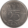 Монета. Нидерланды. 25 центов 1964 год. ав.