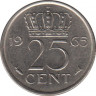 Монета. Нидерланды. 25 центов 1965 год. ав.