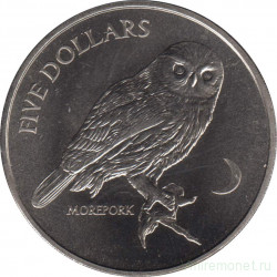 Монета. Новая Зеландия. 5 долларов 1999 год. Кукушечья иглоногая сова.