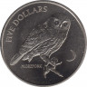 Монета. Новая Зеландия. 5 долларов 1999 год. Кукушечья иглоногая сова. ав.