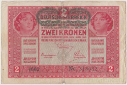 Банкнота. Австро-Венгрия. 2 кроны 1919 год. С зелёной надпечаткой. Тип 50.