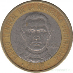 Монета. Доминиканская республика. 5 песо 2008 год. Немагнитная.