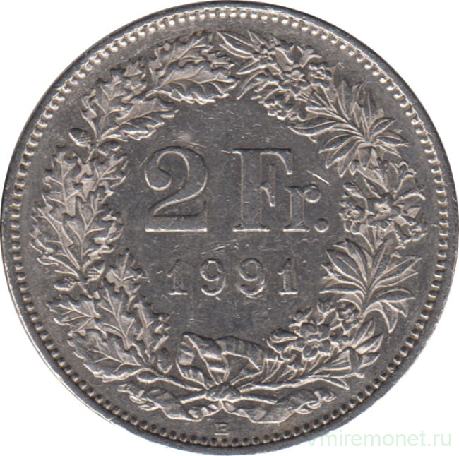 Монета. Швейцария. 2 франка 1991 год.