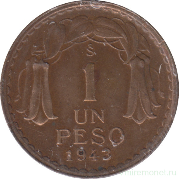 Монета. Чили. 1 песо 1943 год.