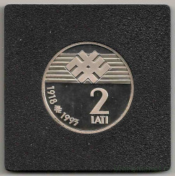 Монета. Латвия. 2 лата 1993 год. 75 лет независимости Латвийской республики (ПРУФ в квадро капсуле)