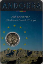 Монета. Андорра. 2 евро 2014 год. 20 лет в Совете Европы. Блистер, коинкарта.