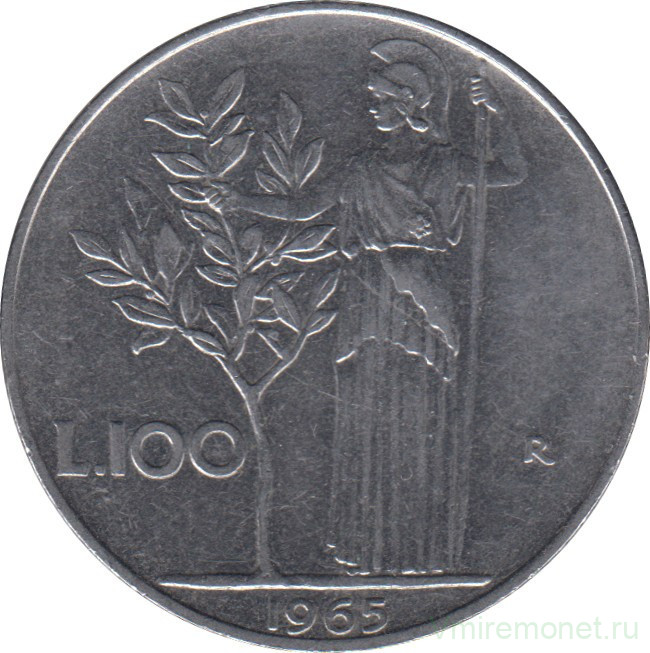 Монета. Италия. 100 лир 1965 год.
