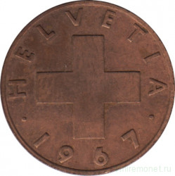 Монета. Швейцария. 2 раппена 1967 год.