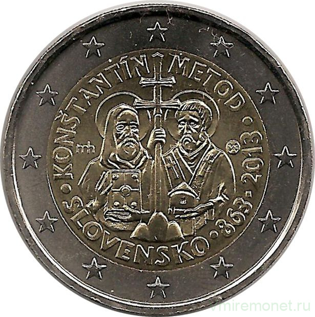 Монета. Словакия. 2 евро 2013 год. 1150 лет прибытия Кирилла и Мефодия в Великую Моравию.