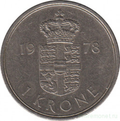 Монета. Дания. 1 крона 1978 год.