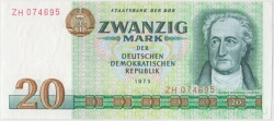 Банкнота. Германия. ГДР. 20 марок 1975 год. (6 цифр). Тип 29а. ZH серия замещения.