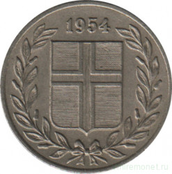 Монета. Исландия. 25 аурар 1954 год.