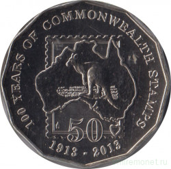 Монета. Австралия. 50 центов 2013 год. 100 лет почтовым маркам Британского Содружества. В конверте.