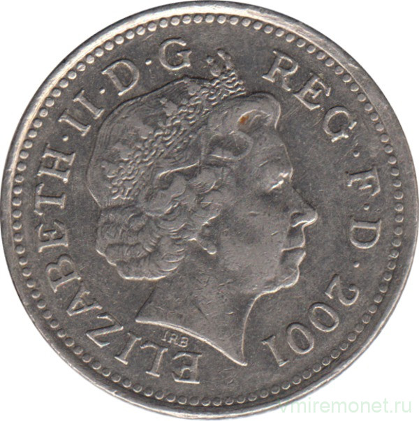 Монета. Великобритания. 10 пенсов 2001 год.