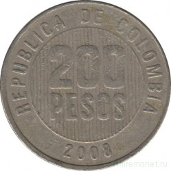 Монета. Колумбия. 200 песо 2008 год.