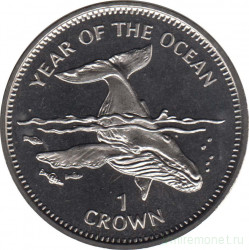 Монета. Великобритания. Остров Мэн. 1 крона 1998 год. Год океана. Горбатый кит.