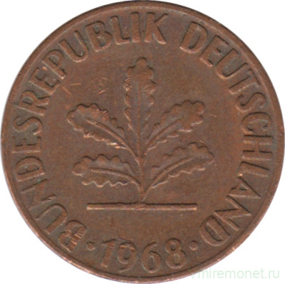 Монета. ФРГ. 1 пфенниг 1968 год. Монетный двор - Карлсруэ (G).