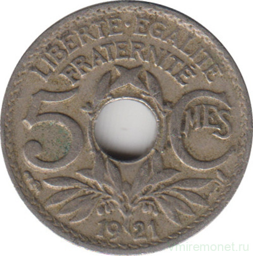 Монета. Франция. 5 сантимов 1921 год.