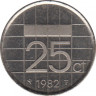 Монета. Нидерланды. 25 центов 1982 год. ав.