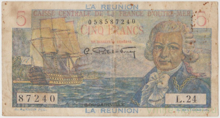 Банкнота. Реюньон. 5 франков 1947 год. Тип 41а.