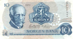 Банкнота. Норвегия. 10 крон 1974 год. Тип 36b.