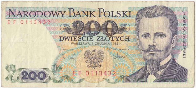 Банкнота. Польша. 200 злотых 1988 год. Ярослав Домбровский. Тип 144c(2).