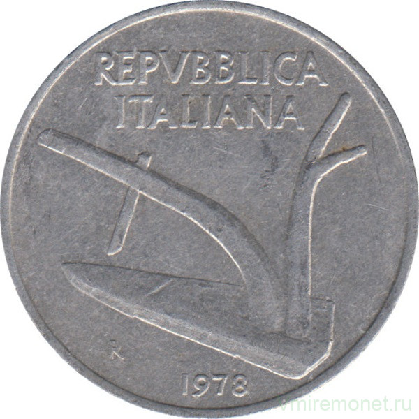 Монета. Италия. 10 лир 1978 год.