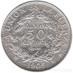 Монета. Боливия. 50 сентаво 1905 год. ММ.