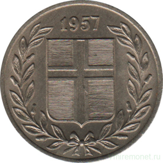 Монета. Исландия. 25 аурар 1957 год.