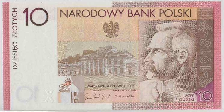 Банкнота. Польша. 10 злотых 2008 год. Юзеф Пилсудский.